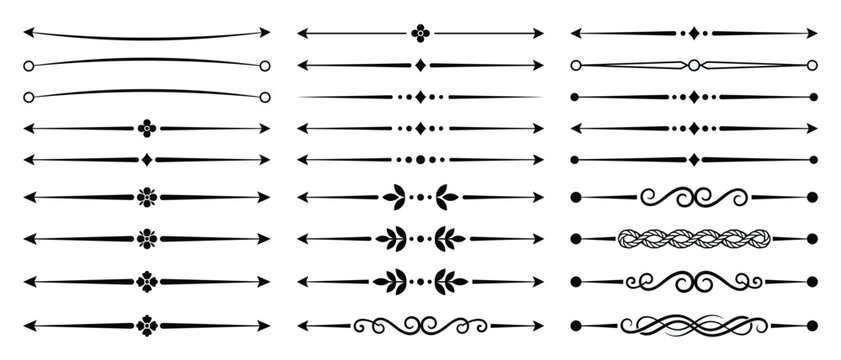 Black line dividers with flowers, leaves and diamonds. Classic text separators, tapered rules, swirl and rope flourishes, circle end ornaments. Simple decorative elements collection. Vector