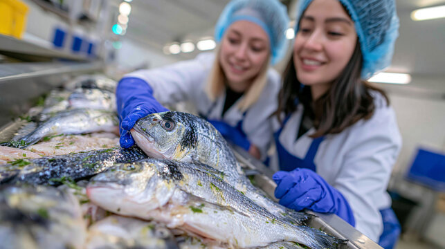 Quality control inspectors analyzing a seafood production line in a modern food processing factory, workers in clean white protective coats, hairnets and gloves examining freshly processed fish on a