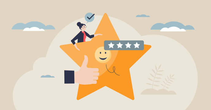 Constructive feedback visualized with a large star, thumbs up, and star rating, conveying recognition and supportive coaching, key objects, star, thumbs up, rating bar. Tiny style