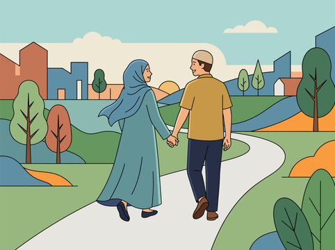 Muslim Couple In Modest Clothing Holding Hands And Walking Together Outdoors Illustration.