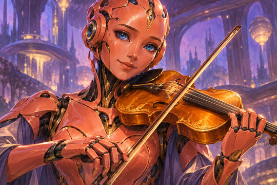 A centered close portrait of an original coral robotic violinist with blue optical eyes, holding an amber instrument against a softly painted violet stage. A vivid digital portrait with glowing light.