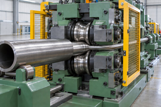 Industrial pipe rolling machine shaping steel tubing on a factory production line. Metal forming and manufacturing process. Heavy machinery for metal fabrication. Industrial engineering.