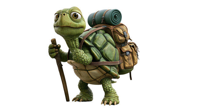 Cartoon turtle hiker with walking stick and backpack outdoor adventure