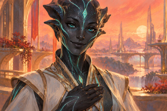 A centered close portrait of an original obsidian alien ambassador with luminous turquoise facial lines and gentle eyes, beneath warm coral diplomatic lighting. A vivid digital character illustration.