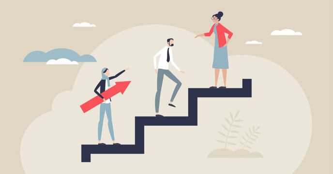 Onboarding steps show guided growth as a mentor leads a new hire up a staircase, with an upward arrow signaling progress, key objects, staircase, mentor, arrow. Tiny style