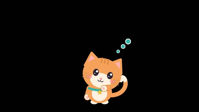 Cute orange kitten having an idea with a glowing light bulb, cartoon cat character seamless loop animation, transparent background