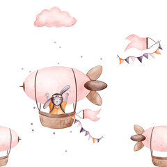 Pattern watercolor kids illustration with airships, animal rabbit pilots, clouds and colorful bunting garland on isolated from background. Print for textile design fabrics baby clothing wallpaper © Linerisy
