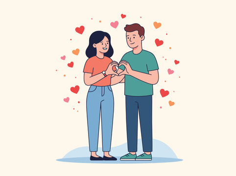 Young Happy Couple Making Heart Shape with Hands Flat Vector Illustration.