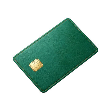 Premium Green Leather Textured Credit Card with Gold Electronic Chip Isolated on White Background