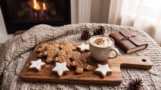 cozy cabin vibes, a cozy cabin setting with gingerbread and sugar cookies beside cocoa
