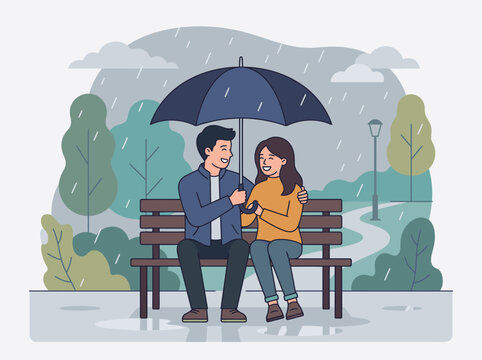 Romantic young couple sitting together on a bench sharing an umbrella during rain.