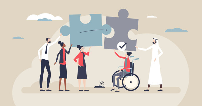 Conflict resolution teamwork shown by a team fitting puzzle pieces to align goals, key objects, puzzle pieces, team, wheelchair. Tiny style