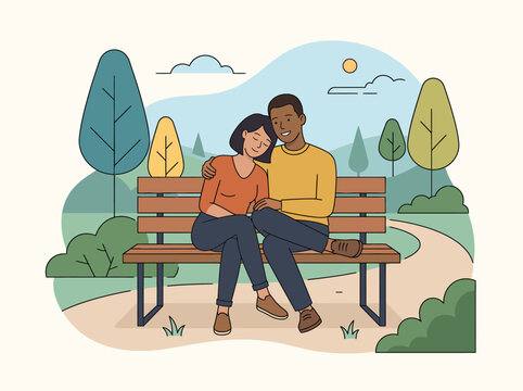 Happy romantic interracial couple sitting on a wooden bench cuddling and smiling together.
