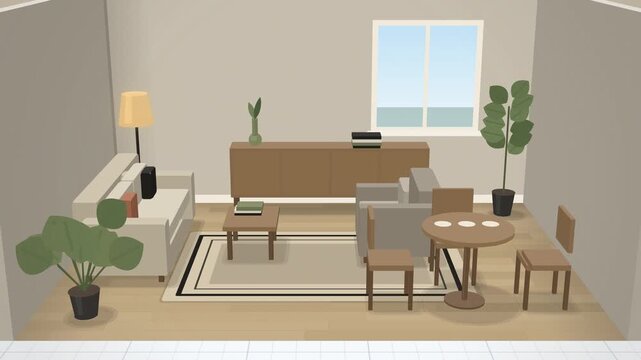Floor plan extruding into furnished living room front view beige