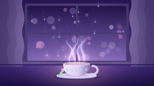 Steaming herbal tea cup by rainy window on purple seamless loop