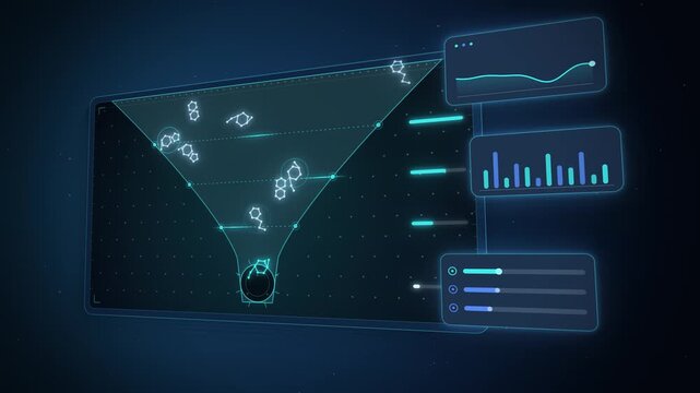 AI drug screening funnel finding a hit molecule in 3D on dark blue
