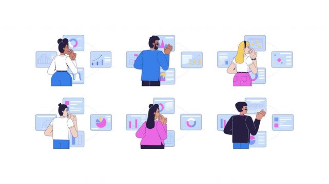 Business people analyzing digital data dashboards and charts cartoon animation pack. Adults performance metrics monitoring animated flat 2D characters 4K video collection isolated on transparent