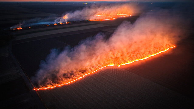 Aerial view of a wildfire spreading across agricultural fields at night, with bright orange flames and thick smoke plumes rising over the dark landscape in Crepaja, Vojvodina, Serbia.