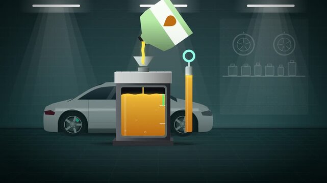 Engine oil change with dipstick level rising in dark teal garage