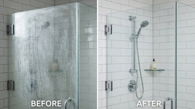 shower glass mineral deposit removal before after Shower glass door with heavy water spots before and clear glass after cleaning.