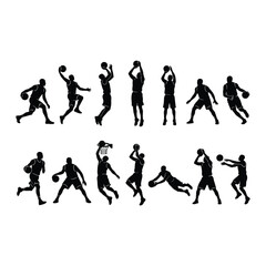 Obraz premium Basketball player silhouette athlete set with dunk, shoot, dribble, and jump actions.