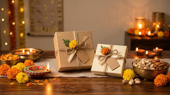 Diwali gift boxes beautifully wrapped and decorated with marigolds and lit diyas