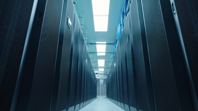 Data Center Server Room with Racks and Control Center 4K
