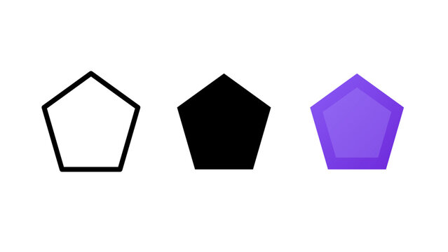 Three pentagon shape arranged in a row, featuring a black outline version, a solid black silhouette, and a purple filled pentagon