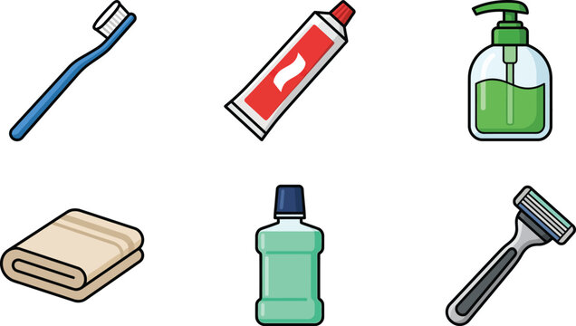 Bathroom personal care icons set, daily hygiene and grooming vector elements, 6 dental and body wash symbols for health and wellness design