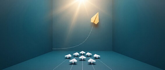 Fototapeta premium Conceptual representation of a yellow paper airplane changing direction and flying upwards toward light, symbolizing leadership, innovation, and a perspective shift in a business environment.