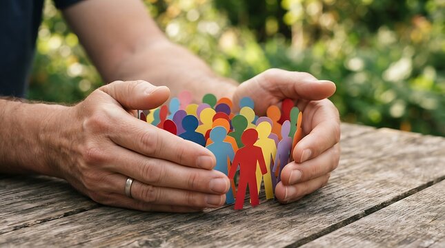 Close-up of hands cupping a group of colorful paper cutout people figures on a weathered wooden table with a blurred green outdoor background