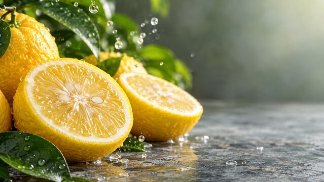 水しぶきを浴びたレモンと緑葉のフレッシュな写真