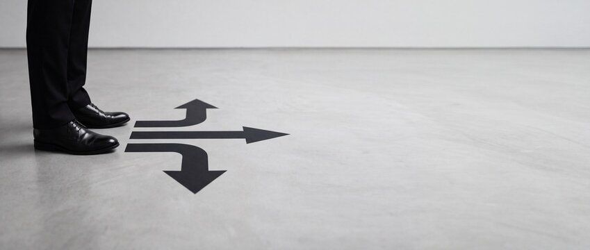 Businessman standing at a crossroads in front of three arrows pointing in different directions on a concrete floor, symbolizing decision making, career path choices, and business strategy options.