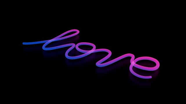 Animation of a glowing neon "love" sign in cursive script being written on screen, line revealing stroke by stroke, blue to magenta gradient, black background, soft reflection.
