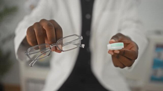 Man optician holds clear eyeglasses and contact case with outstretched fingers in building; vision care professional.