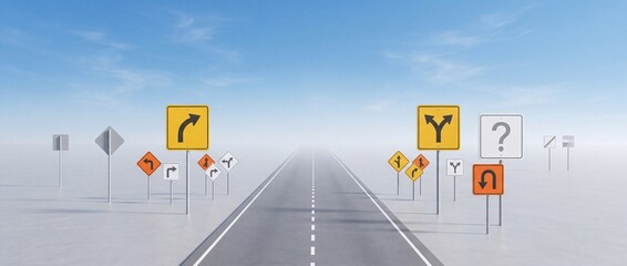 Fototapeta premium Conceptual Image of an Empty Asphalt Road Leading into a Foggy Horizon Surrounded by Various Confusing Traffic Signs Representing Life Choices, Career Decisions, and Business Strategy Challenges