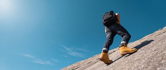 Fototapeta premium Low angle view of a person with a backpack climbing a rocky mountain slope against a clear blue sky, capturing the spirit of outdoor adventure, determination, and achieving goals.