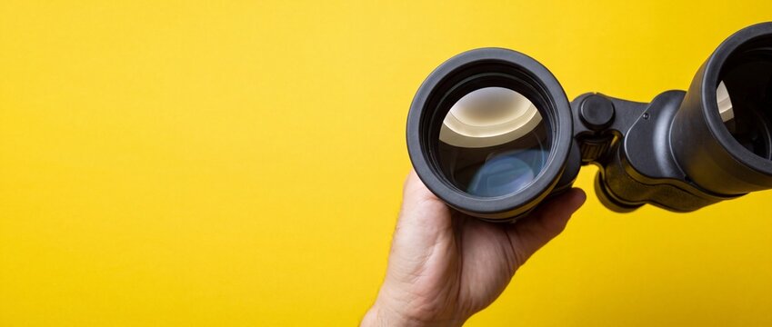 A hand holding black binoculars against a vibrant yellow background, symbolizing concepts of vision, future discovery, business strategy, looking for opportunities, and perspective shift.