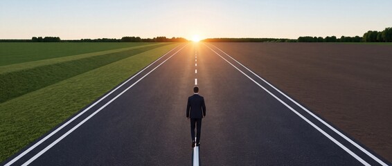 Fototapeta premium Back View of a Businessman in Suit Walking on an Endless Straight Asphalt Road Towards the Bright Sun at the Horizon, Featuring a Perspective Shift with Green Fields and Brown Soil