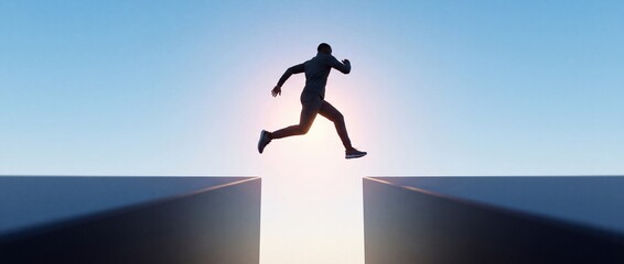 Fototapeta premium Silhouette of a Man Jumping Over a Wide Gap Between Two High Structures Against a Clear Blue Sunset Sky, Representing Courage, Risk-Taking, Overcoming Obstacles, and Success in Business and Life