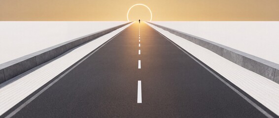 Fototapeta premium Straight symmetrical asphalt road leading towards a glowing circular halo sun at the horizon under a golden sunset sky, conceptual perspective shift landscape with silhouette at the end point