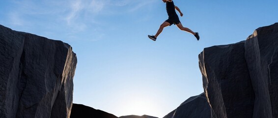 Fototapeta premium A brave man jumping across a deep gap between two high rocky cliffs against a clear blue sky and sunlight, symbolizing courage, risk-taking, motivation, and achieving success in life and business.