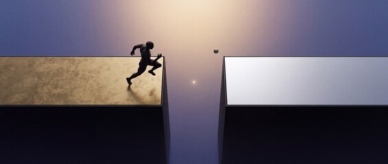 Fototapeta premium Conceptual 3D illustration of a muscular male figure running across a massive geometric block toward a gap, symbolizing risk, ambition, personal growth, and overcoming life obstacles.