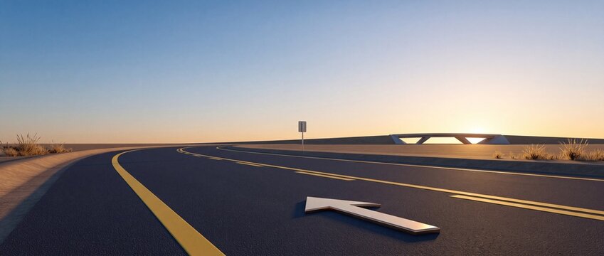 Perspective view of a winding asphalt road in a desert landscape at sunset with a large metallic arrow pointing forward, symbolizing future goals, journey, and strategic direction in business.