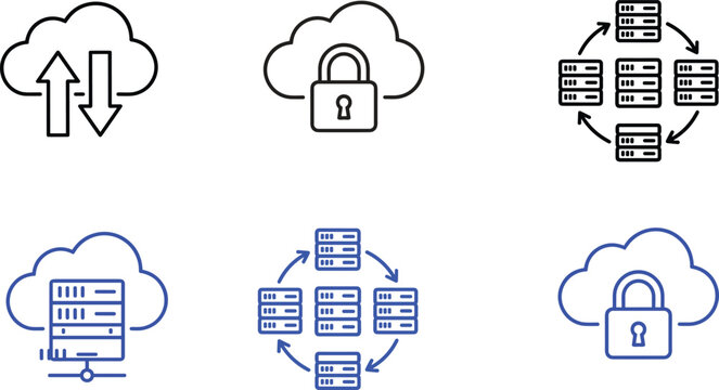 Cloud Data Sync and Secure Server Network Line Icon Set Featuring Dual Color Transfer Arrows, Padlocks, and Database Hosting Clusters for Web Platforms