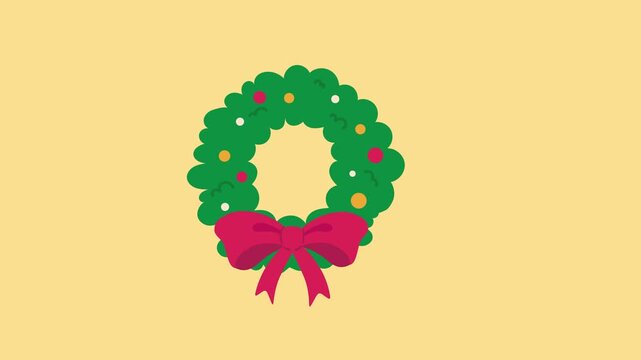 Simple festive holiday wreath illustration with red bow and bright decorations for seasonal design.
