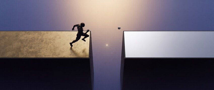 Conceptual 3D illustration of a muscular male figure running across a massive geometric block toward a gap, symbolizing risk, ambition, personal growth, and overcoming life obstacles.