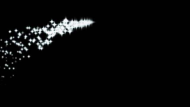 Single white glittering star trail animation featuring sweeping magic dust path with glowing twinkle particles isolated on black screen background for transition overlay in 4k.