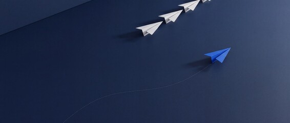 Fototapeta premium Blue paper airplane changing direction and shifting perspective from a line of white planes on a dark blue background, symbolizing leadership, innovation, and breaking conventional patterns.