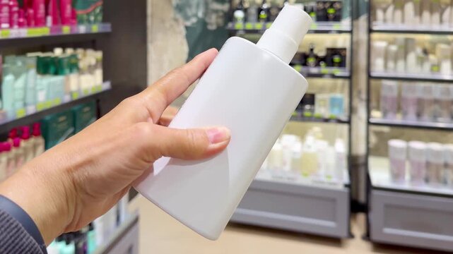 Hand Holding Hair Care Product in Front of Shelves in Cosmetics Store &ndash; Choosing Hair Treatment in Beauty Shop